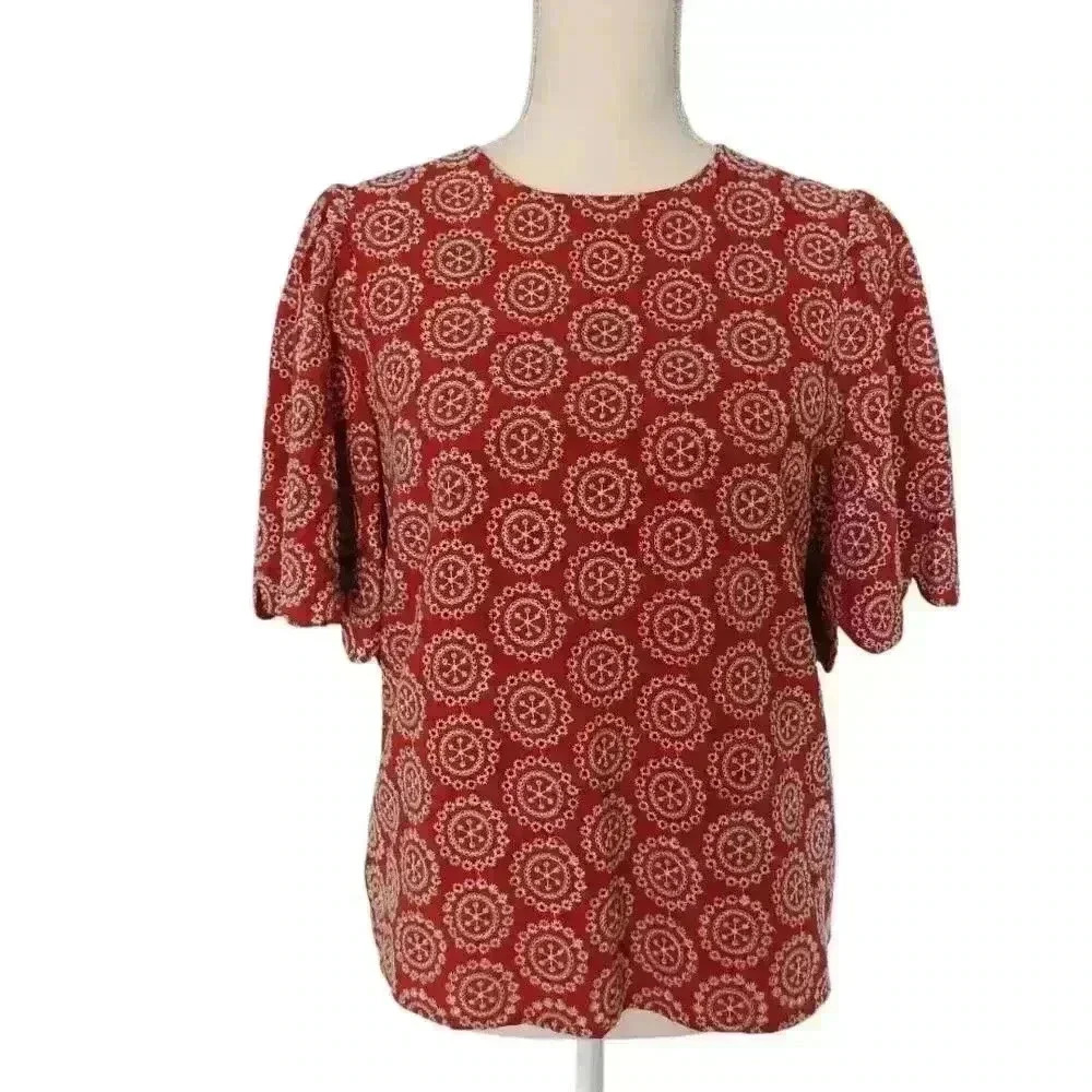 English Factory Embroidered Top with Scalloped Sleeves - Size Small